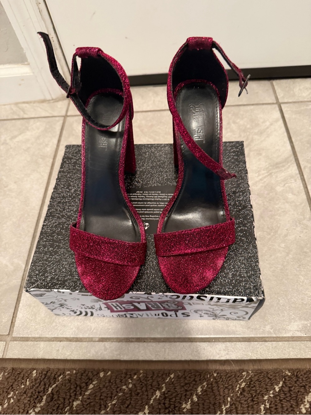 Brash Glitter Ankle-Strap Block Heels - Wine Red. Brand New WO tags